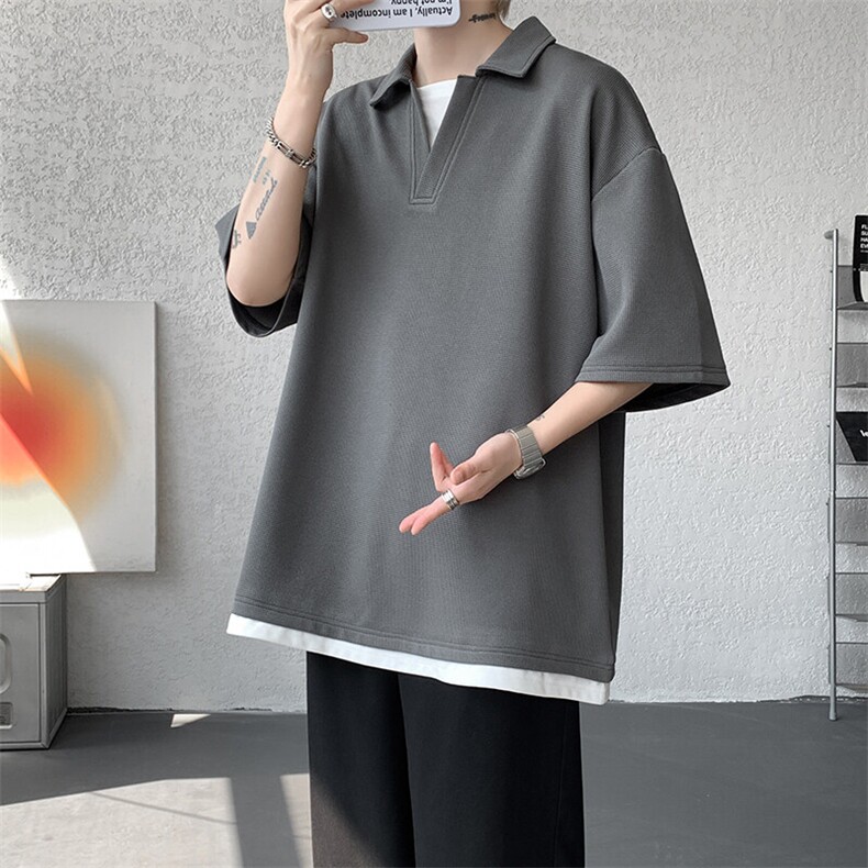 8XL-M假两件V领短袖t恤男夏翻领半袖宽松重磅华夫格大码DT001P40,男装T恤,电商B312