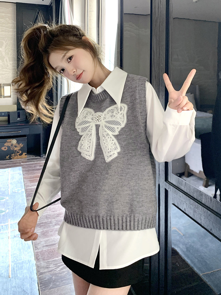灰色蝴蝶结针织马甲套装2025新款女春季学院风气质衬衫马夹两件套,女装马甲,维壹