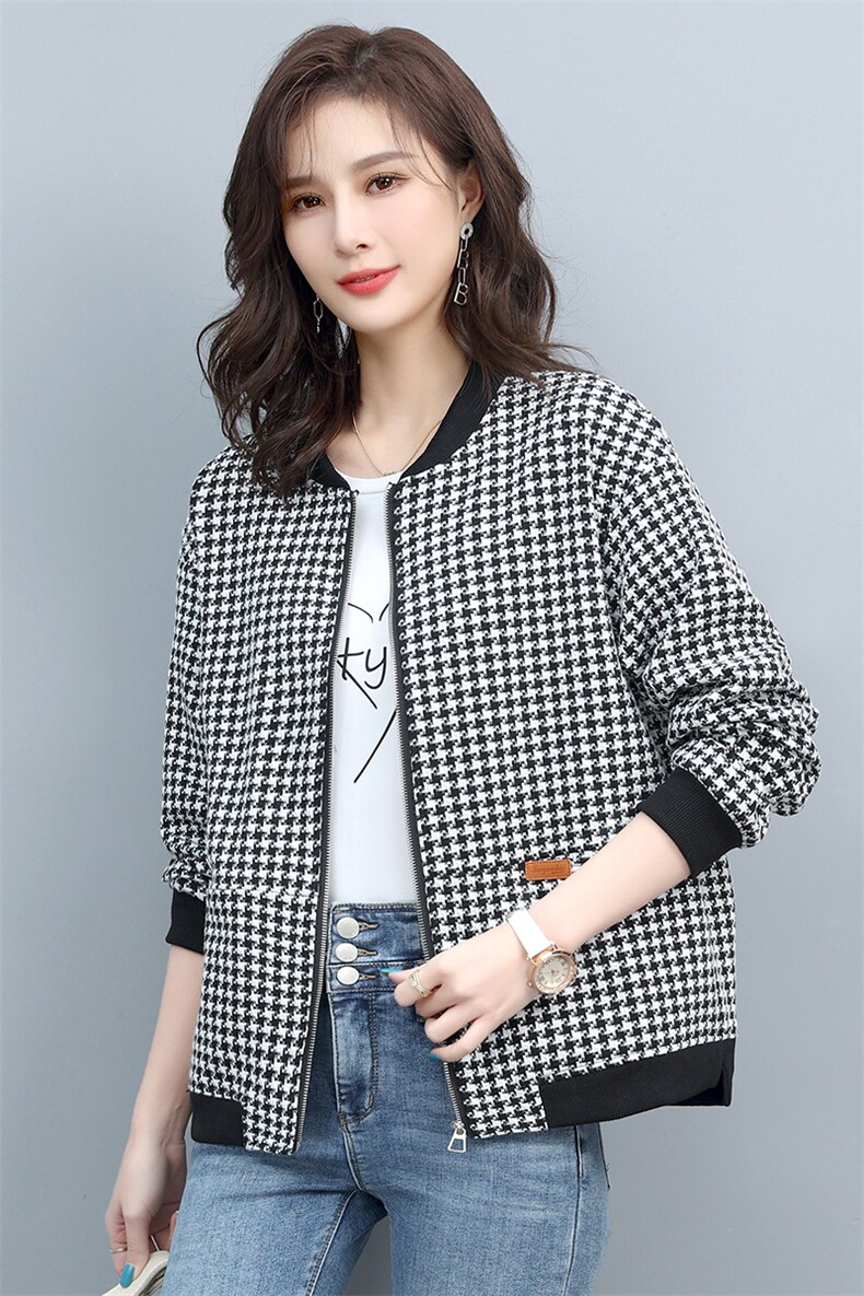 奥特莱斯千鸟格外套女2024年春季百搭夹克气质显瘦棒球服,女装短外套,涵誉
