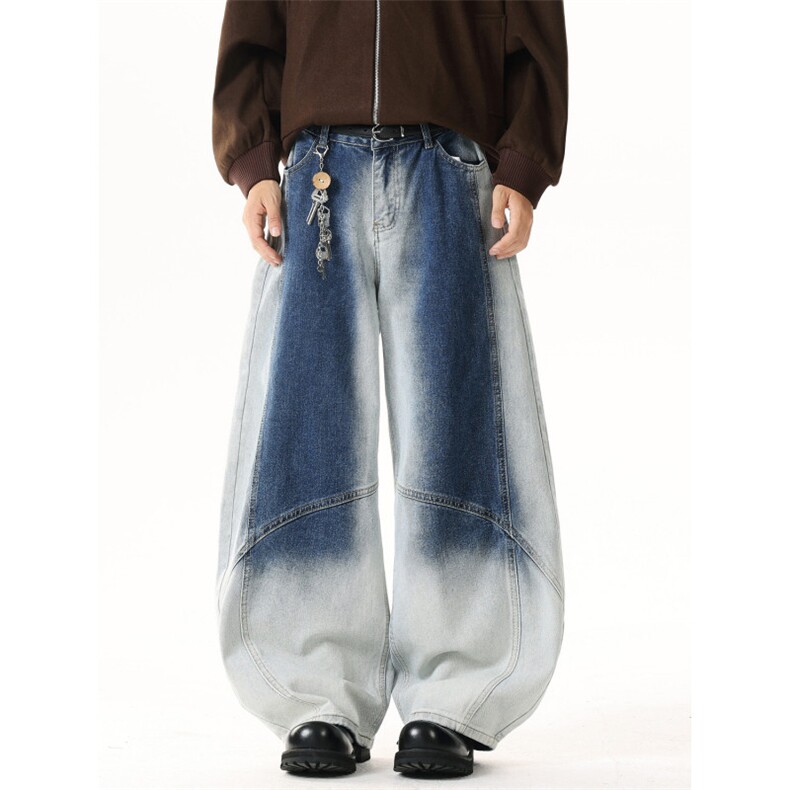 美式复古渐变水洗弯刀牛仔裤男女高街休闲慵懒阔腿裤N785-P55，男装牛仔裤，星座308B-2