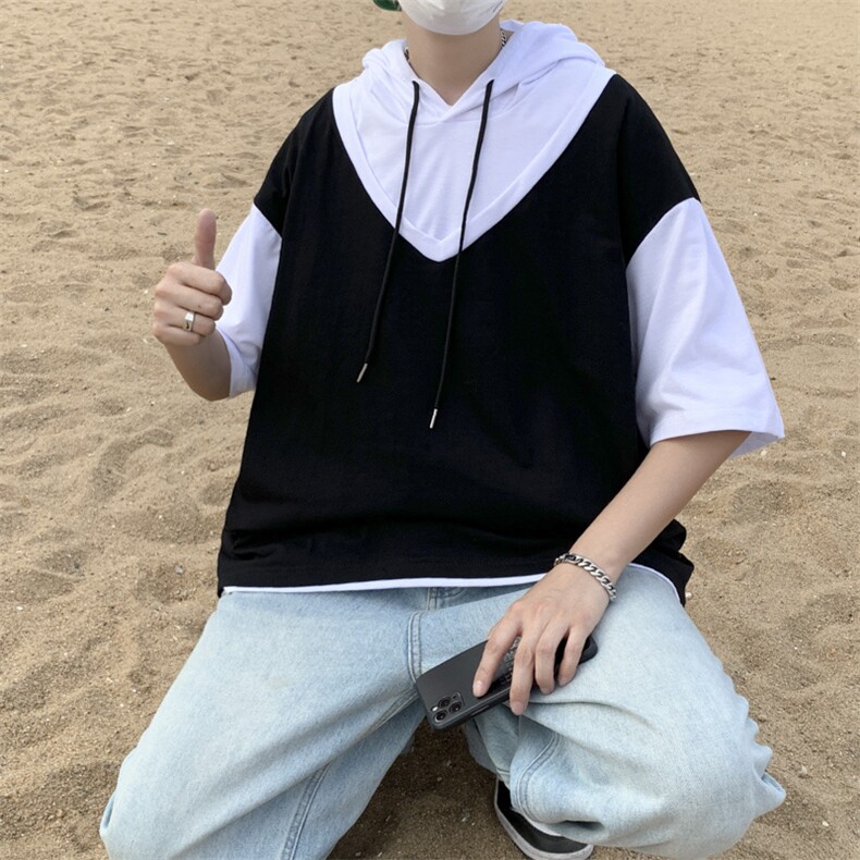 2024夏季新款男短袖T恤连帽潮流宽松拼接中袖情侣休闲百搭上衣,男装T恤,星座1013