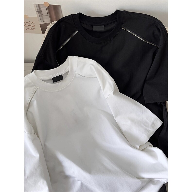 得物抖音高品质二开240克重磅宽松纯棉肩领拉链装饰短袖T恤DT32,男装T恤,电商A486