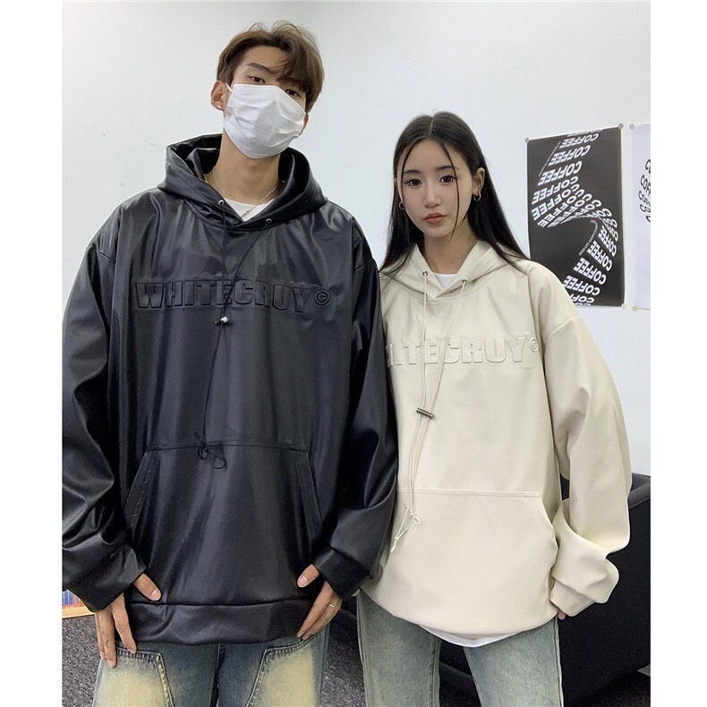 秋装港风 潮美式复古压印立体情侣卫衣PU皮衣外套男女G1066 P78图片