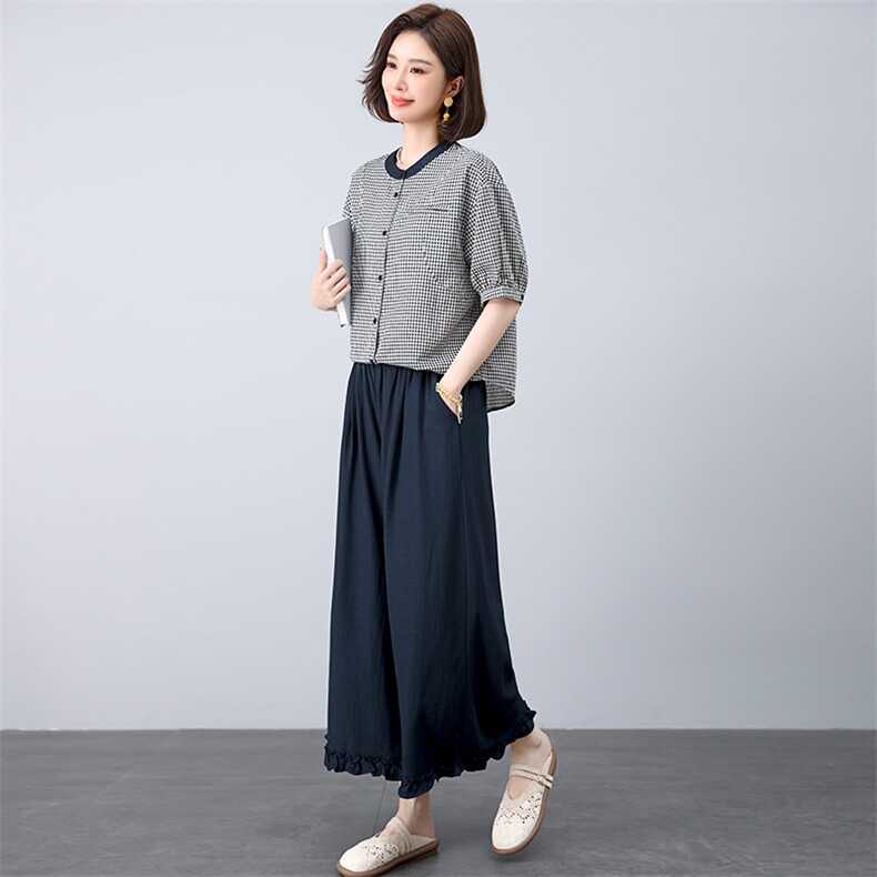 套装女2025年夏季新款时尚宽松中年妈妈大码棉麻九分裤两件套,女装套装/套裙,江忆布依