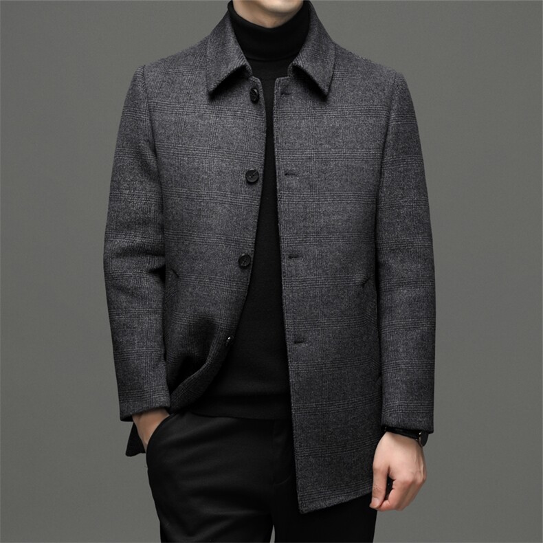 双面尼大衣男22秋冬时尚翻领格子中长款羊毛呢外套主推P230，男装毛呢大衣，钱塘6003（原4033）