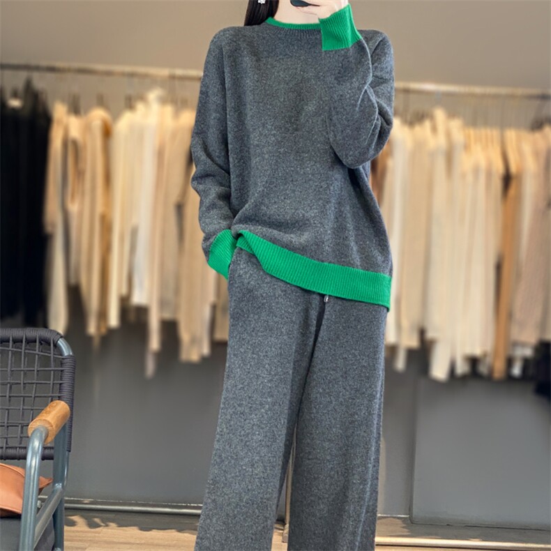 时尚拼色圆领毛衣套装显瘦百搭针织衫女秋冬季新款,女装套装/套裙,宛庄羊绒