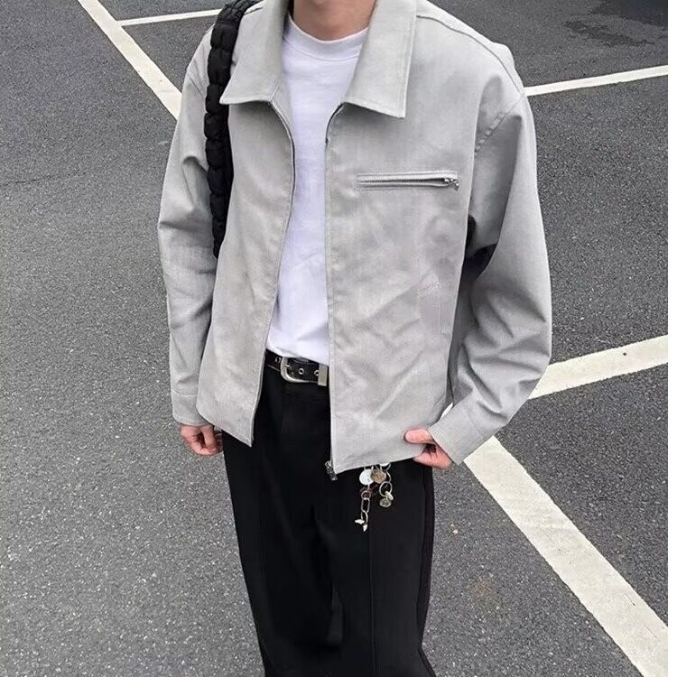 常规款宽松型长袖外穿鱼骨纹水洗做旧短款夹克潮春秋青少年翻领图片