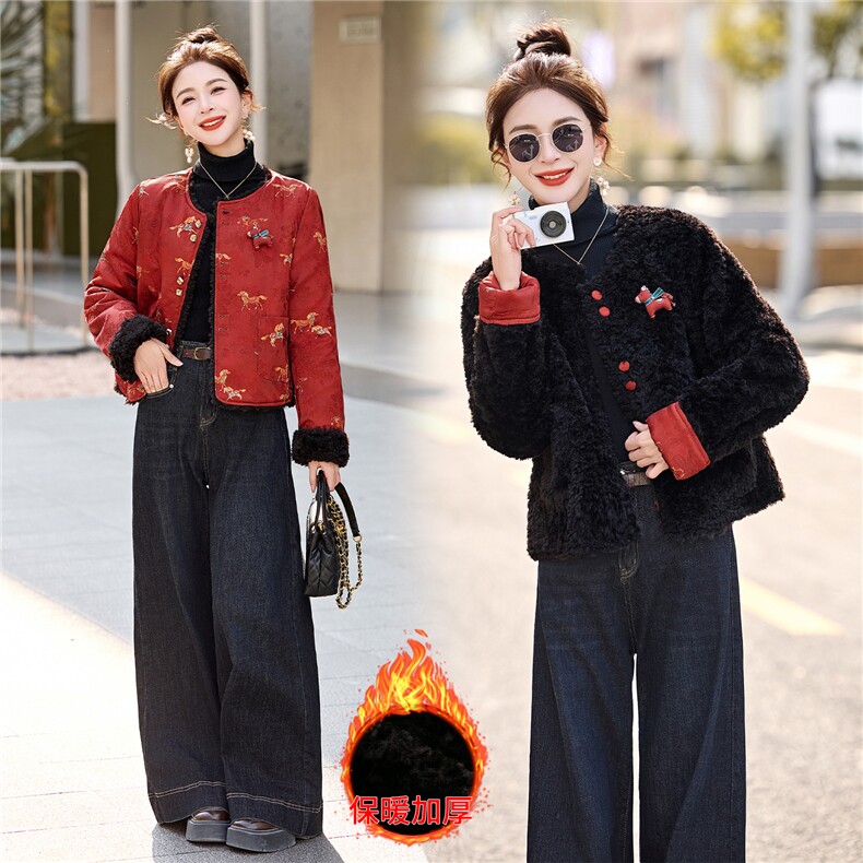 羊羔毛撞色两面穿AB面g风马到成功年货款加厚外套，女装短外套，采品优优