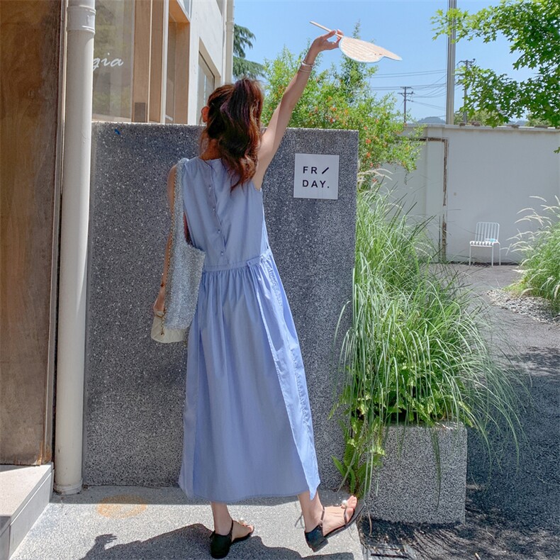 蓝色小清新温柔风无袖连衣裙女夏季2025年新款韩系ootd穿搭背心裙,女装连衣裙,2C159