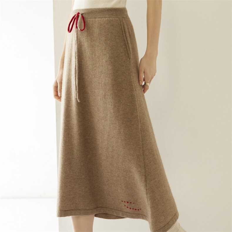 2024秋款高腰显瘦抽绳半身裙宽松舒适百搭针织长裙，女装半身裙，戎美山