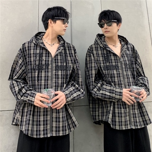 美式复古连帽格子外套男休闲百搭衬衫植绒印花防晒衫 CS05-P65图片