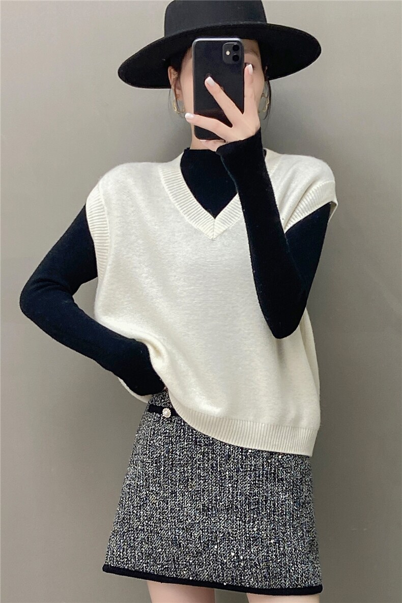 HE|轻奢简约百搭baby山羊绒针织马甲女V领毛衣宽松背心坎肩,针织衫/毛衣,织绒羊