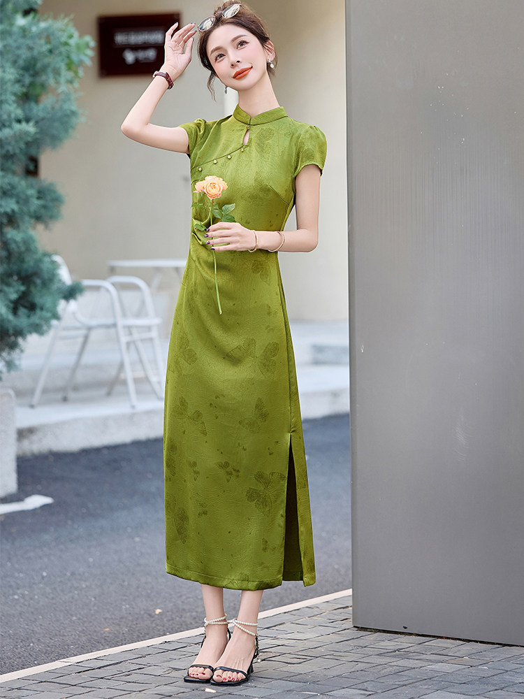 2025年夏季新中式缎面蝴蝶提花连衣裙女,女装连衣裙,曼娅璐