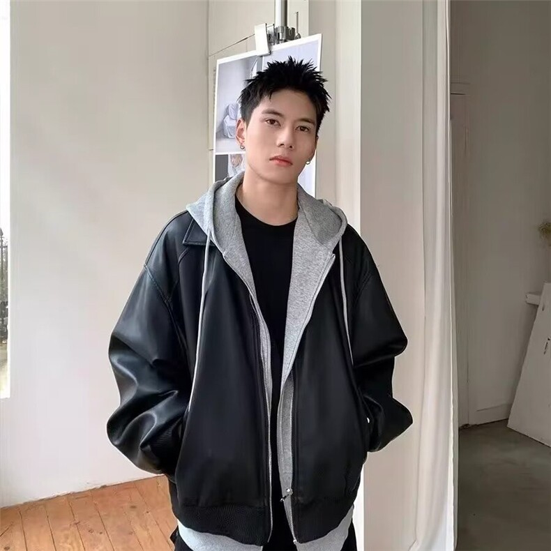 2026春秋新款美式复古机车飞行夹克棒球服潮街头连帽拼接皮衣外套,男装夹克,星座506A