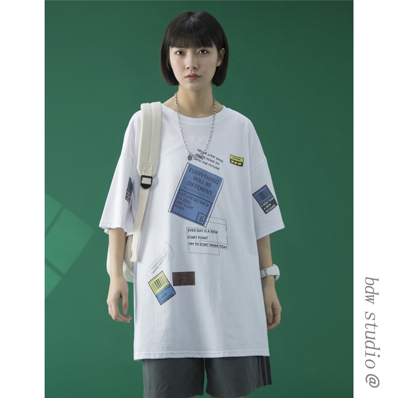 @蓝底中性风2023春夏新款百搭纯棉短袖T恤宽松男女体恤T336P28图片