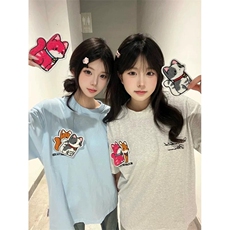 网图有货美式复古小猫咪魔术贴短袖T恤男女情侣宽松上衣A523-P45，男装T恤，星座1505