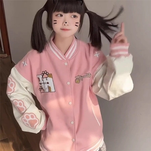 龙凤棉+PU美式复古猫爪刺绣撞色棒球服慵懒风宽松百搭外套图片