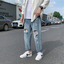 现货破洞牛仔裤男韩版潮流毛边九分直筒裤1008-B，男装牛仔裤，星座1008