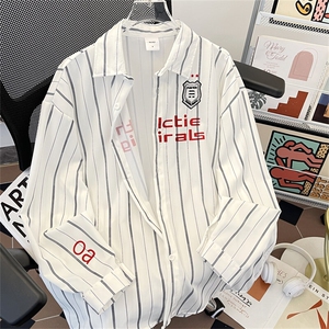 刺绣撞色条纹长袖衬衫 潮宽松休闲情侣翻领外穿衬衣潮C0176-P43图片