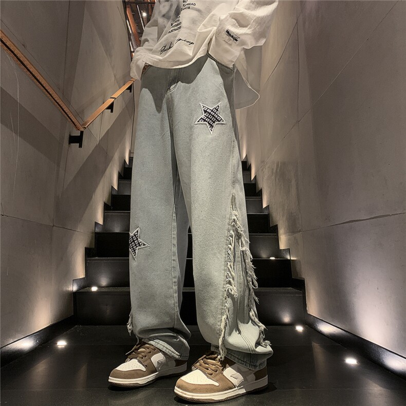 D258KZ07P65控78高街设计感五角星刺绣毛边牛仔裤,男装牛仔裤,电商D258
