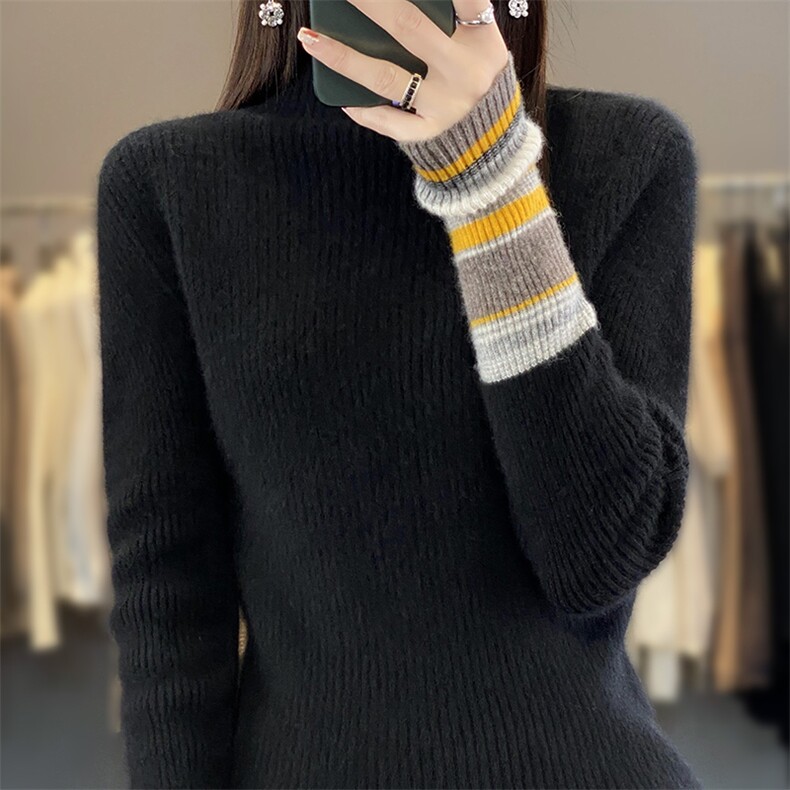 半高领羊毛衫女薄款2024秋冬新款洋气打底衫条纹长袖修身内搭,女装羊毛衫,蒙特羊绒