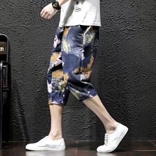 黑墙日系棉麻宽松七分裤夏天薄款亚麻加大码花裤子K001P35，男装休闲裤，电商A177