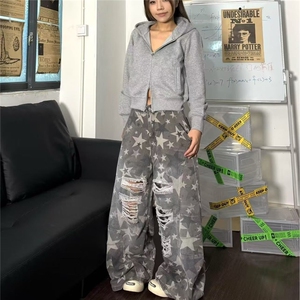 2025美式复古水洗褪色结构迷彩弯刀工装裤boxy街头宽松阔腿休闲裤图片