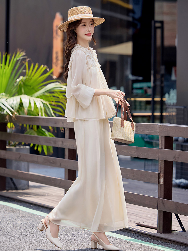 法式温柔风气质套装女2026夏季新款轻薄长袖防晒衬衫阔腿裤两件套,女装套装/套裙,水衣源