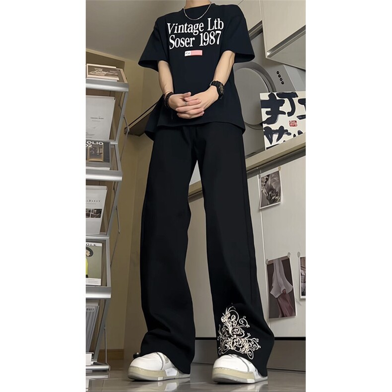 24年新款美式黑色牛仔裤设计感刺绣宽松休闲直筒XZ1002-K7750-P60，男装牛仔裤，星座908