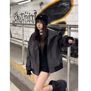 慵懒新款潮流原宿ins日系座山雕男女情侣夹克水洗做旧夹克图片