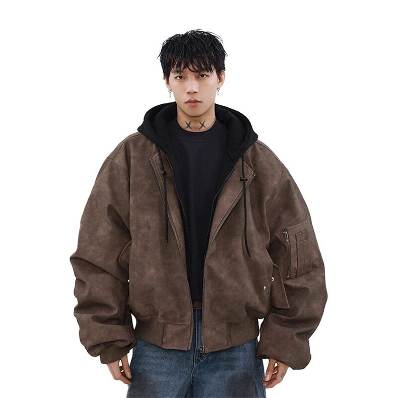 W9203-P88网图现货春季新款假两件连帽拼接PU皮衣外套棒球服,男装夹克,星座1608-2