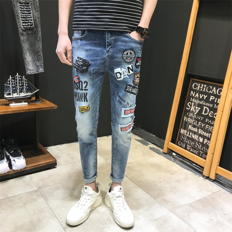 2021潮牌弹力牛仔裤男时尚印花修身小脚裤九分裤QT6027-89031图片