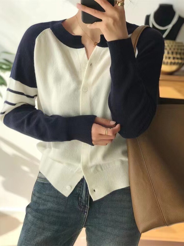 秋冬新款百搭时尚柔软撞色拼接显瘦开衫外套女,女装羊毛衫,伟泽羊绒