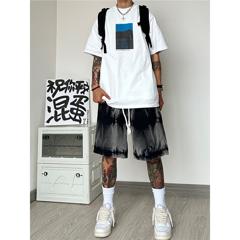 抖音美式扎染水洗牛仔裤中裤宽松系带短裤B315-K23238-P45控58,男装牛仔裤,电商B315