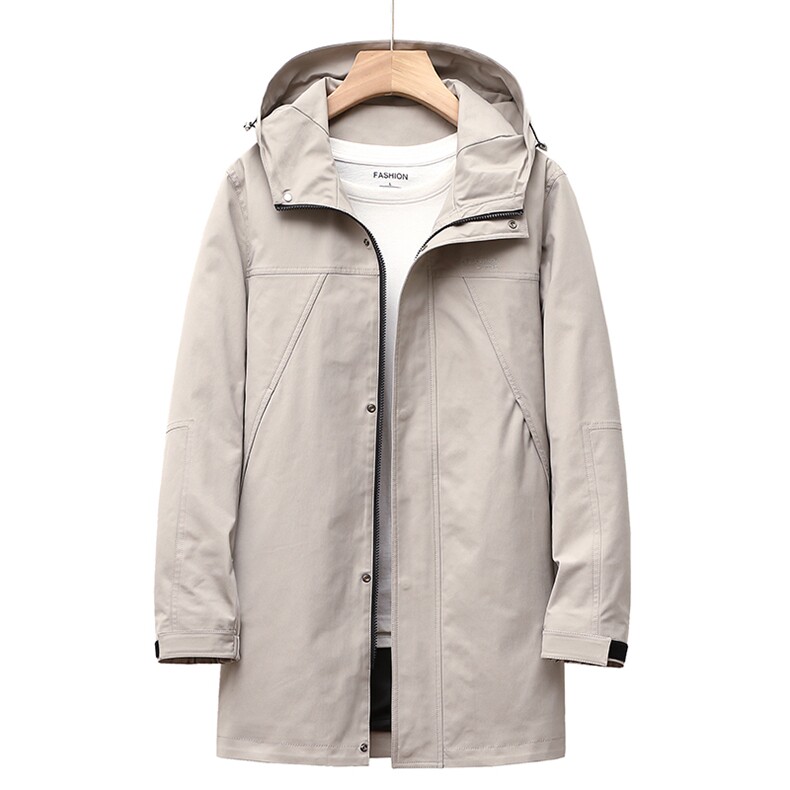 中年男士风衣2023春秋新款潮流休闲时尚大衣中长款连帽纯色外套男，男装风衣，电商B212（原钱塘6029）