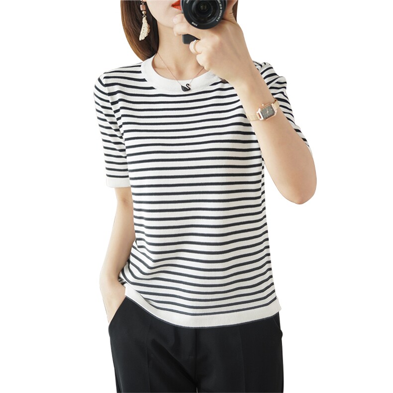 纯棉条纹针织短袖t恤女宽松打底衫2025春季新款镂空圆领半袖上衣,女装T恤,秋虹羊绒