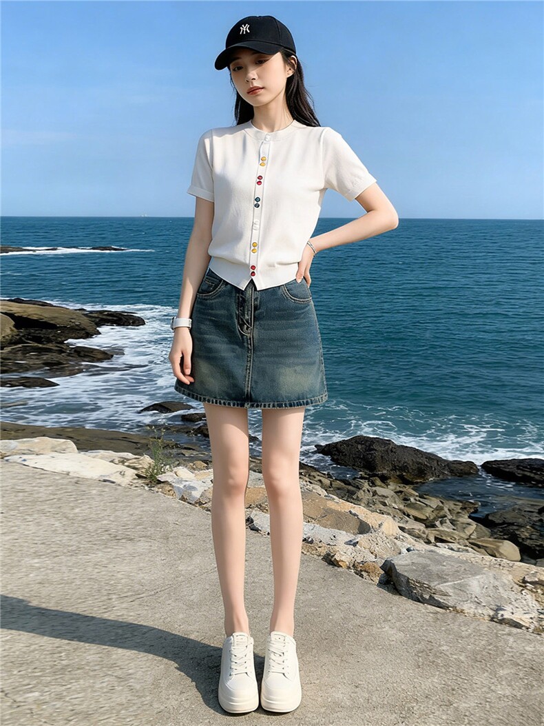 夏季新款时尚休闲简约套装宽松显瘦圆领彩色纽扣上衣牛仔裙两件套,女装套装/套裙,江南