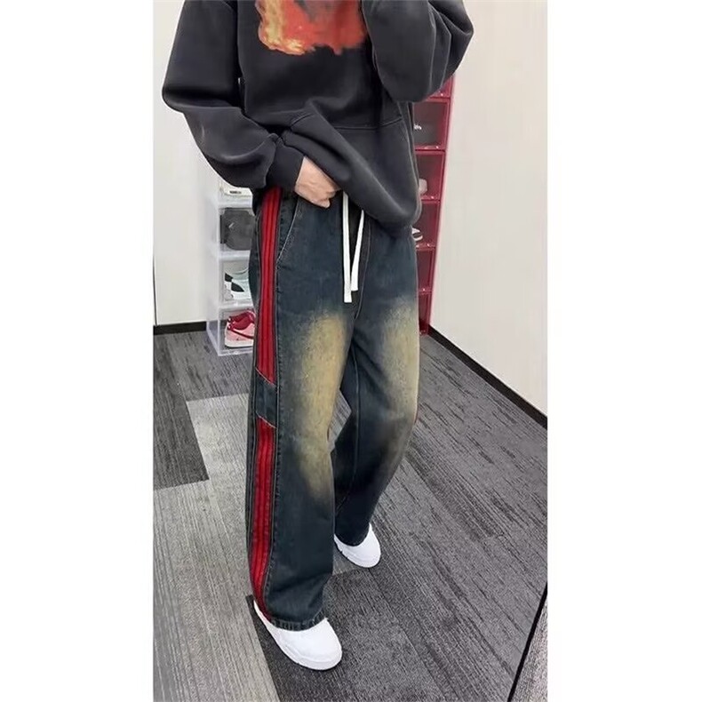 美式复古条纹拼接做旧牛仔裤男女款设计感做旧松紧腰阔腿工装裤,男装牛仔裤,星座1210-1
