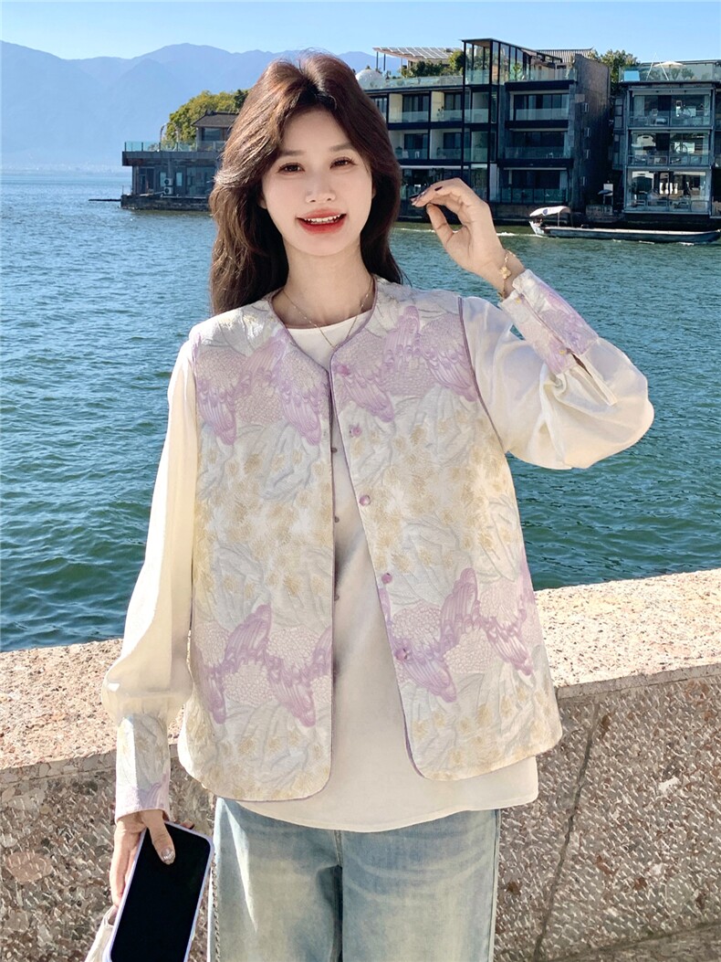 紫色高级感撞色刺绣风马甲小衫套装两件套女早春秋两面穿马夹,女装短外套,艾米莉亚