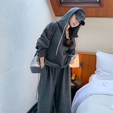 灰色韩系休闲运动卫衣套装女2025春秋季新款蕾丝拼接阔腿裤两件套，女装套装/套裙，2C187