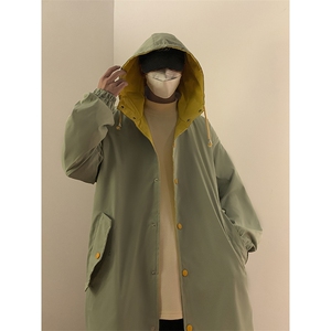 春装中长款连帽风衣男拼色休闲外套 F38P85图片