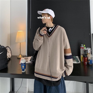 秋装 港风针织衫V领长袖毛衣JK宽松制服情侣慵懒风中性 W08/P65图片