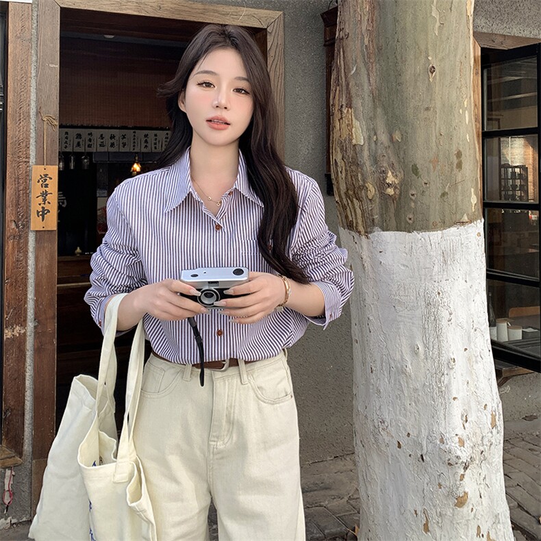 蓝色韩系气质通勤条纹衬衫女2025年秋季新款高级感休闲时尚衬衣潮,女装衬衫,鑫慧