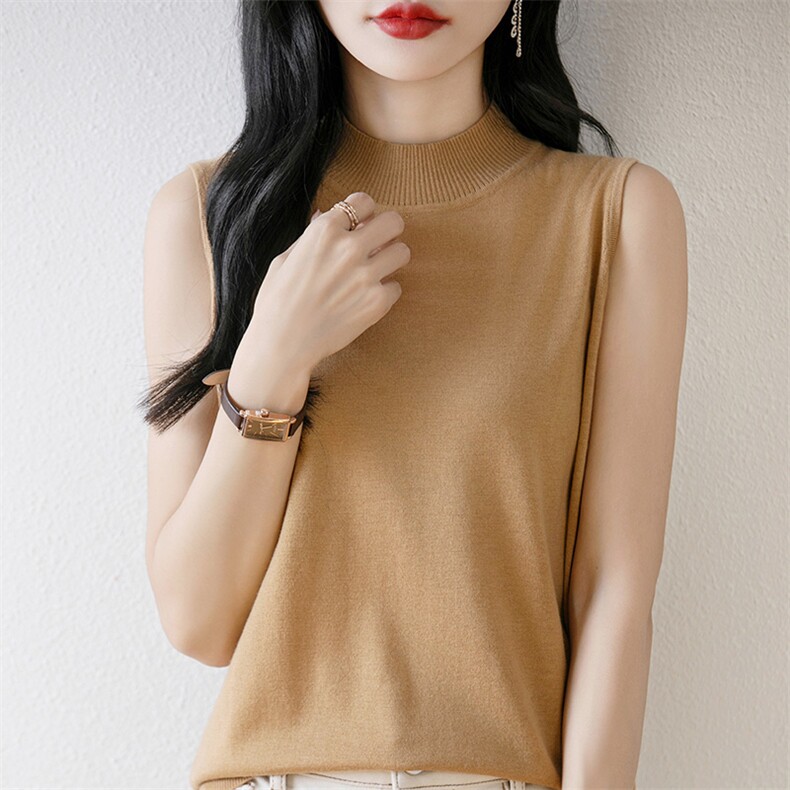 薄款精仿羊毛中领无袖背心女内搭毛衣半高领打底衫砍袖针织衫上衣，女装背心吊带，片语羊绒