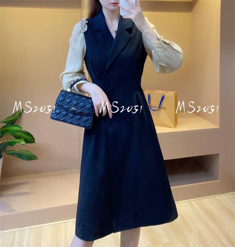 肩袖手工定钻连衣裙，女装连衣裙，米社