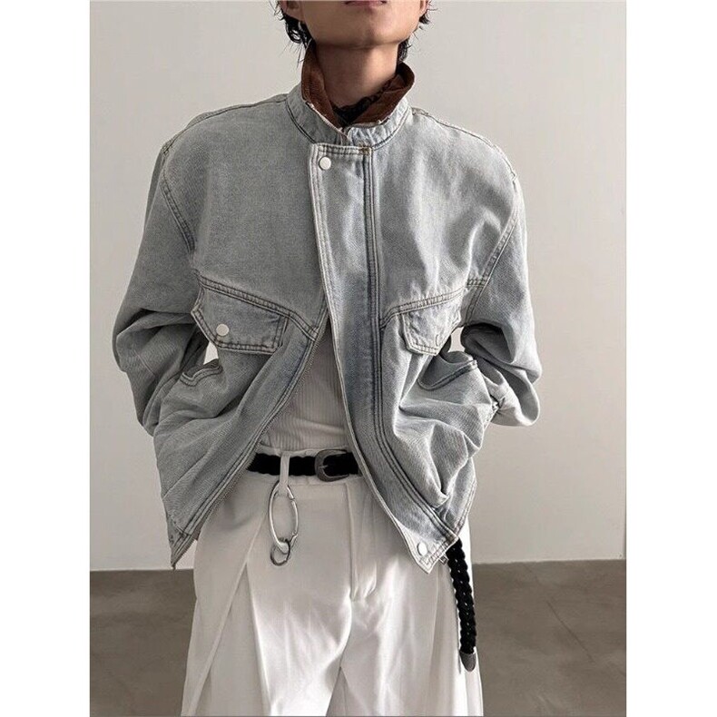 W9560-P80网图现货美式复古短款翻领牛仔夹克宽松潮流工装外套,男装夹克,星座1608-2