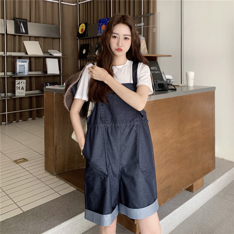 甜酷减龄简约T恤牛仔背带裤套装女2025夏季日系复古设计感两件套,女装套装/套裙,2C225