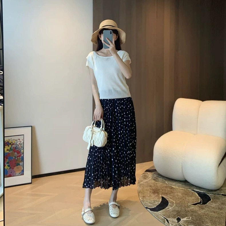波点印花高支高密显瘦乱褶松紧腰小香风半身裙,女装半身裙,湘姗