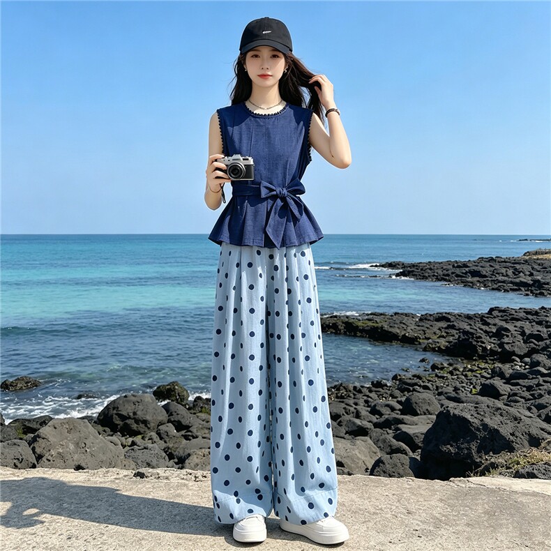 松弛感时尚洋气套装女夏季新款圆领无袖收腰上衣波点阔腿裤两件套,女装套装/套裙,江南