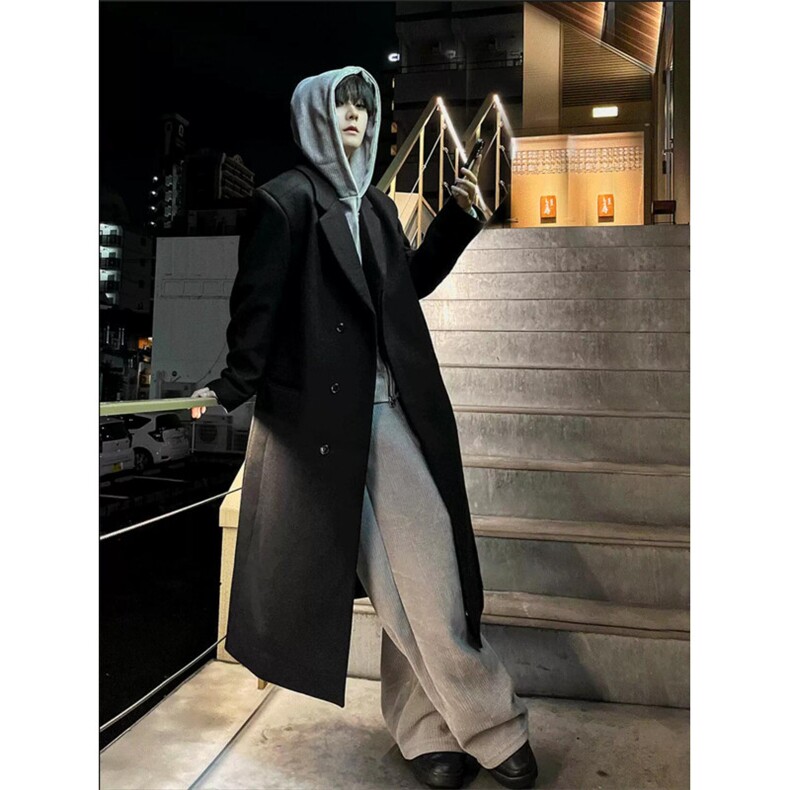 韩系阔茧形垫肩毛呢大衣秋冬季加厚新款极简风过膝潮流呢外套，男装毛呢大衣，电商A430（原星座702）